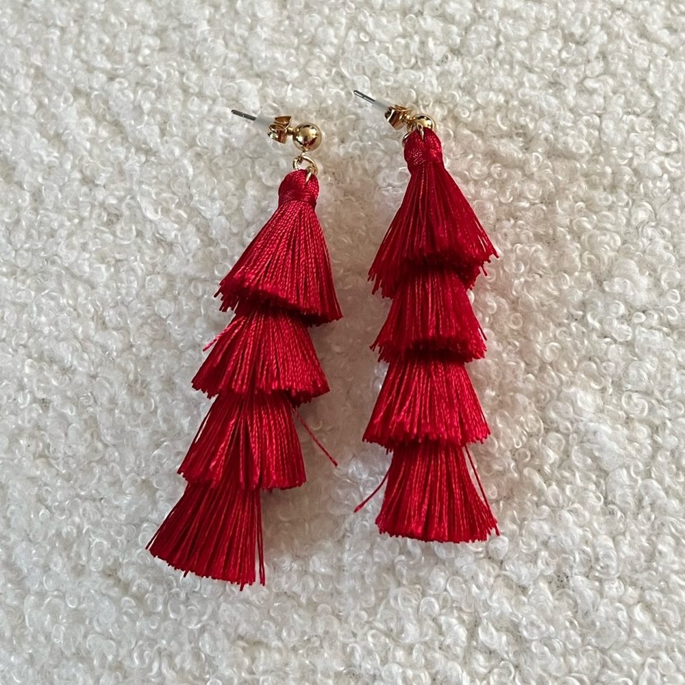 Red tassel dangle earrings